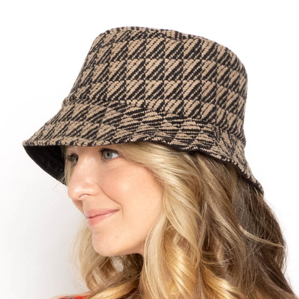 Bucket Hat Taupe Geo Pattern Topstitch Stylish Casual Accessory