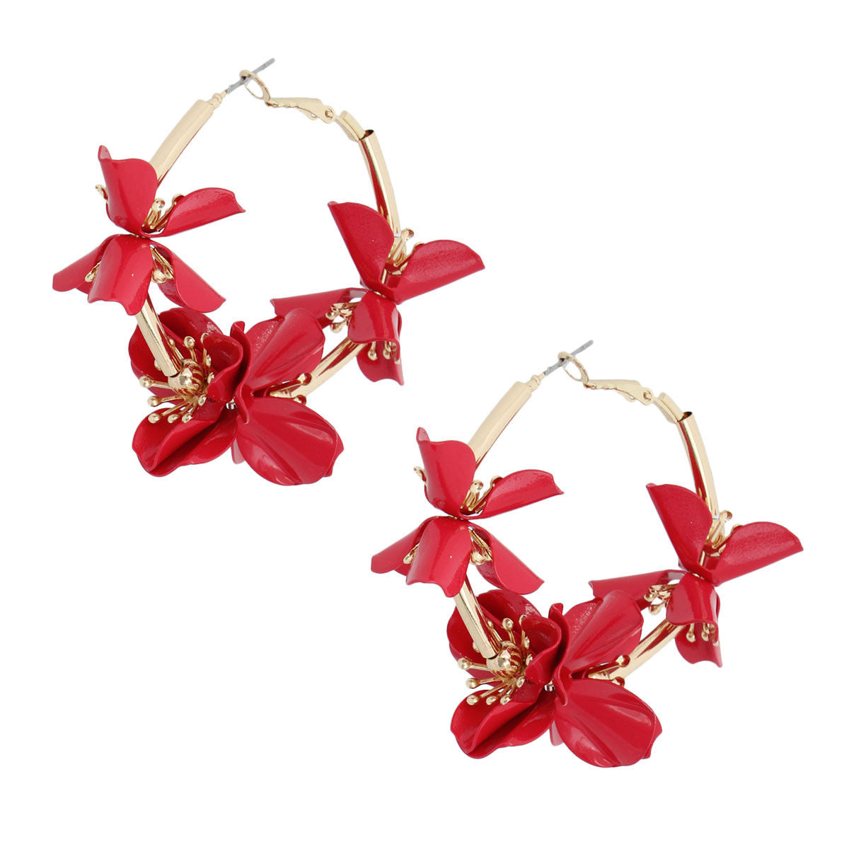 Statement Red Metal Flower Hoop Earrings Stylish Fashion Jewelry