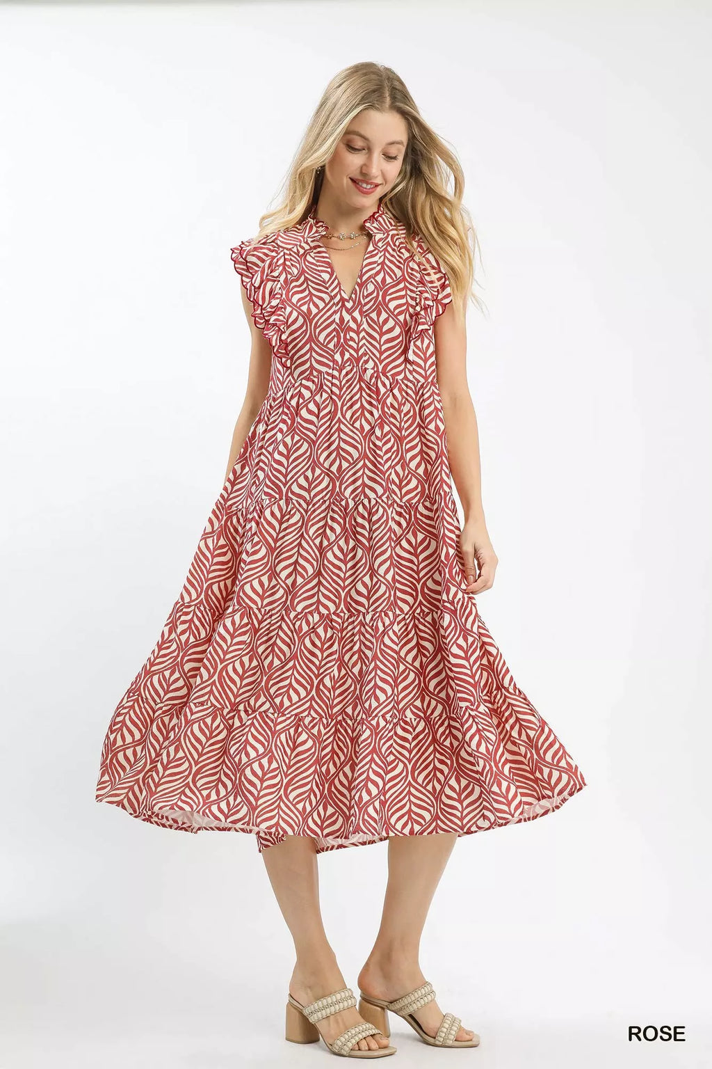 Leaf Print Tiered Midi Dress with Ruffle Detail