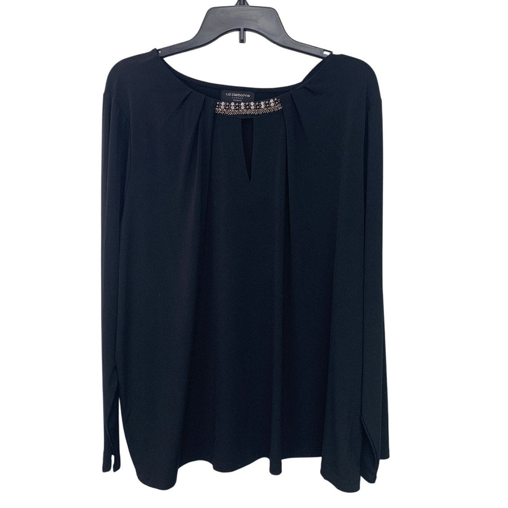 Liz Claiborne Career Womens 3X Black Beaded Key Hole Long Sleeve Blouse Top