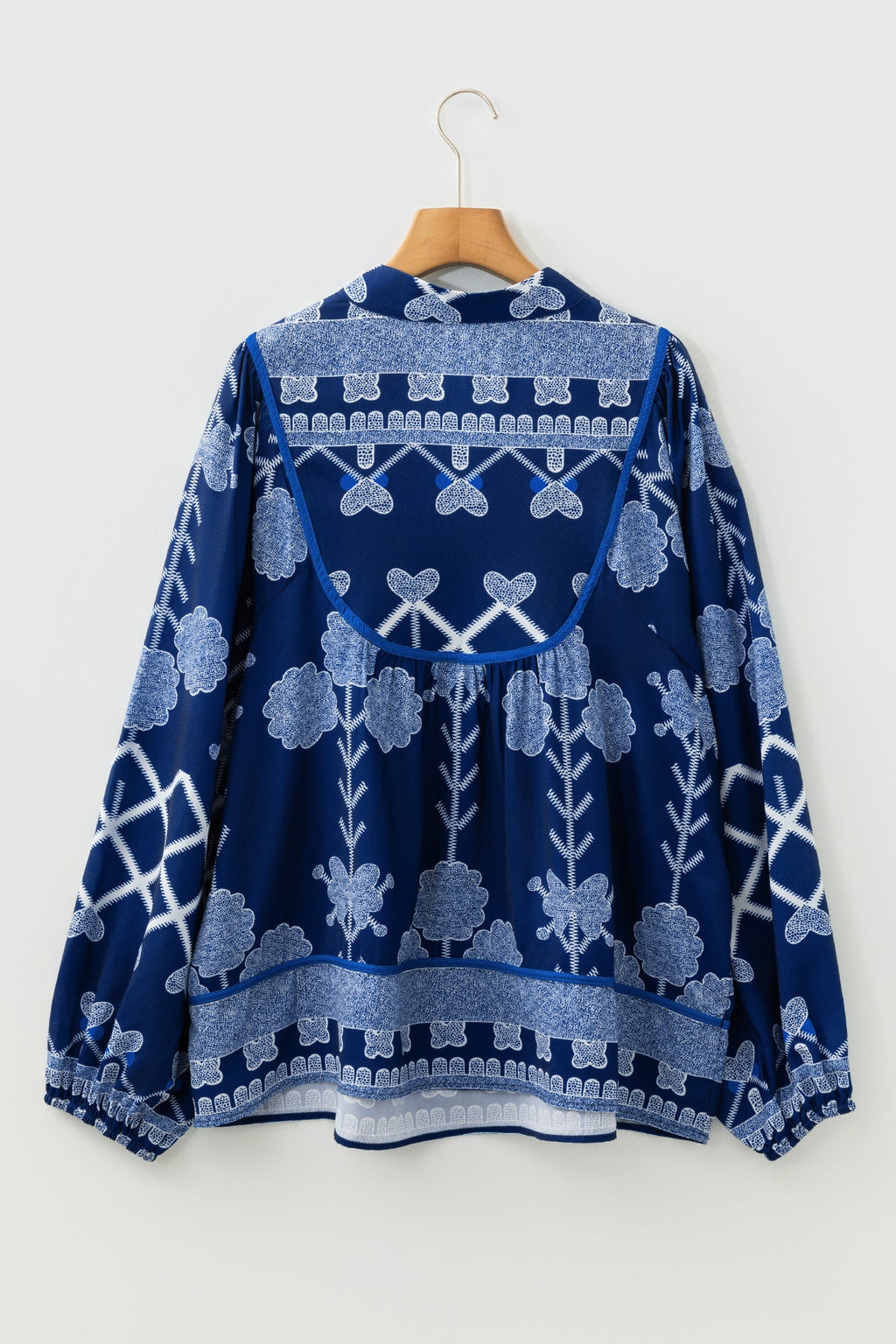 Blue Plus Size Floral Printed Notched Neck Long Sleeve Blouse