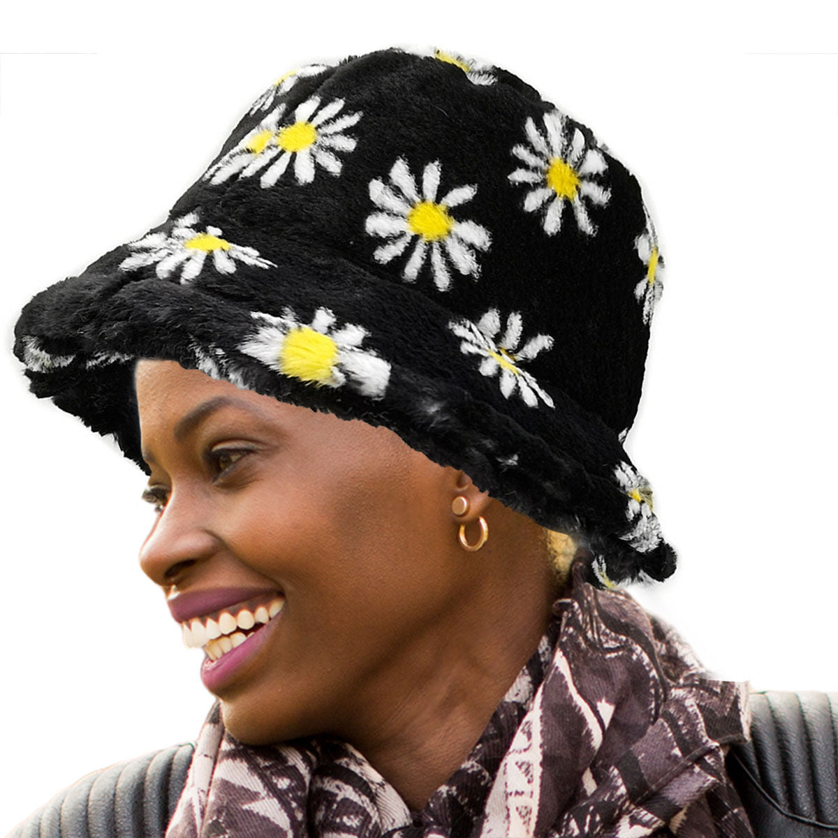 Faux Fur Bucket Hat Black Floral Stylish Casual Accessory