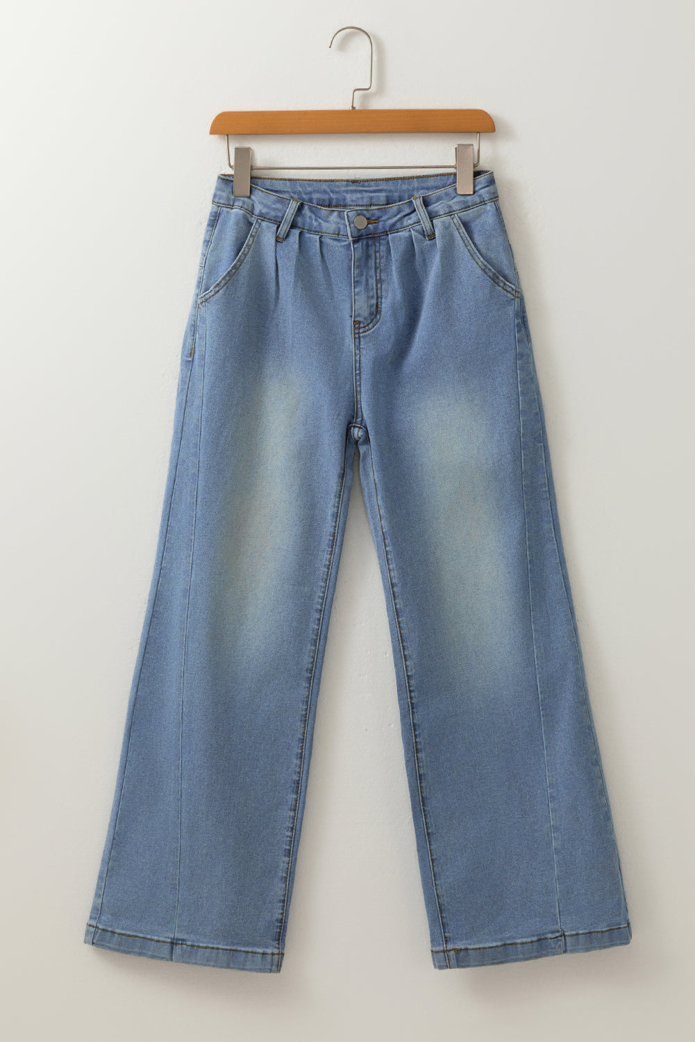 Washed Pleated Detail Wide Leg Jeans