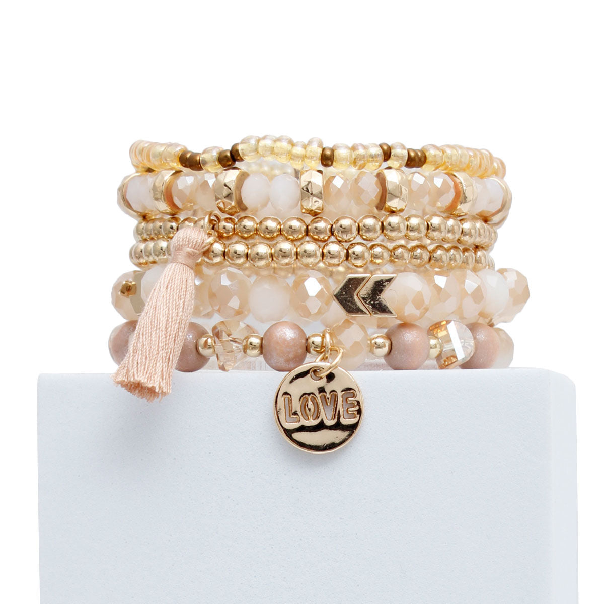 Bracelet Set 6 Pcs Light Pink Glass Stylish Layered Jewelry