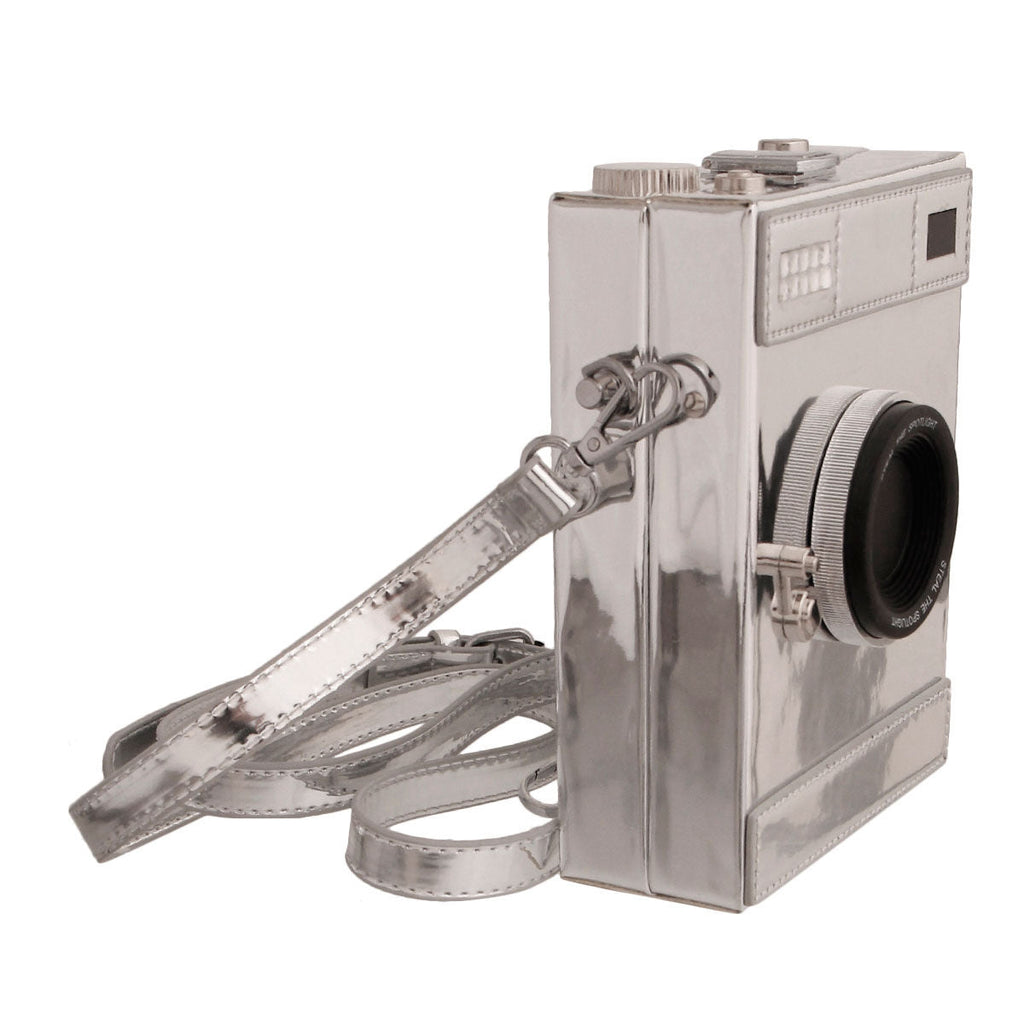 Fashion Handbag Shiny Silver Camera Style Chic Statement Accessory