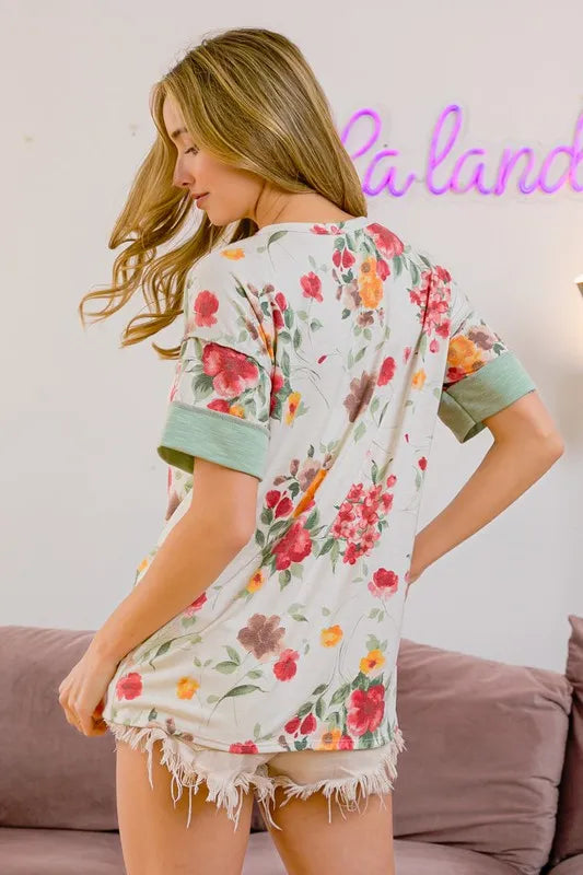 Floral Button Detail Round Neck Short Sleeve Terry T-Shirt