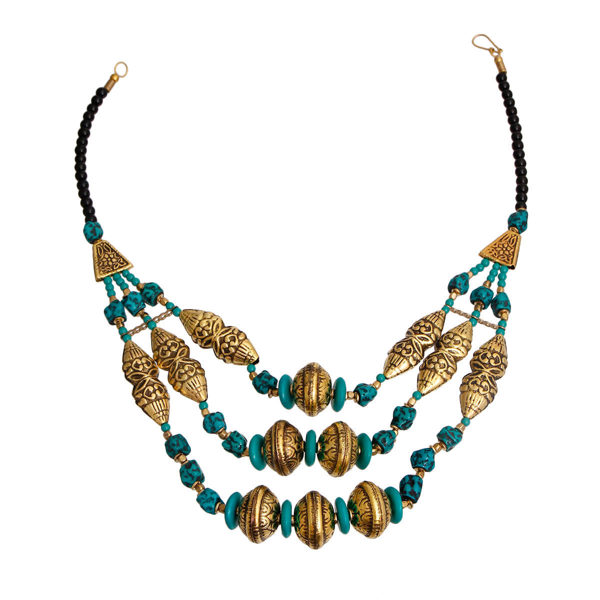 Statement Gold Necklace with Teal Stone Engraving, Stylish Fashion Jewelry