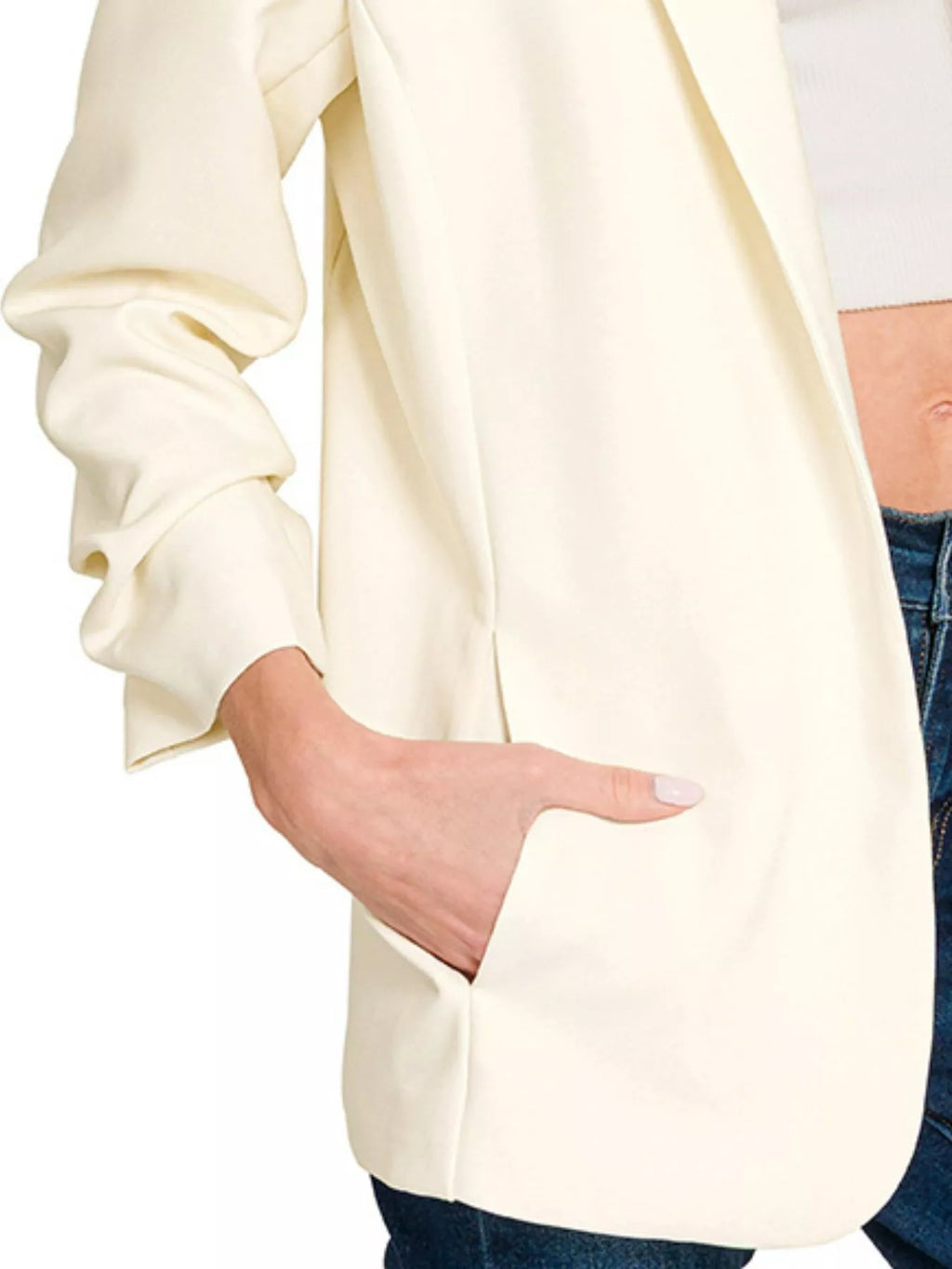 Woven 3/4 Ruched Sleeve Open Front Classic Blazer