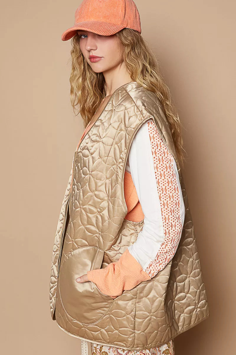 Front Zipper Floral Pattern Quilted Vest Coat with Front Pockets