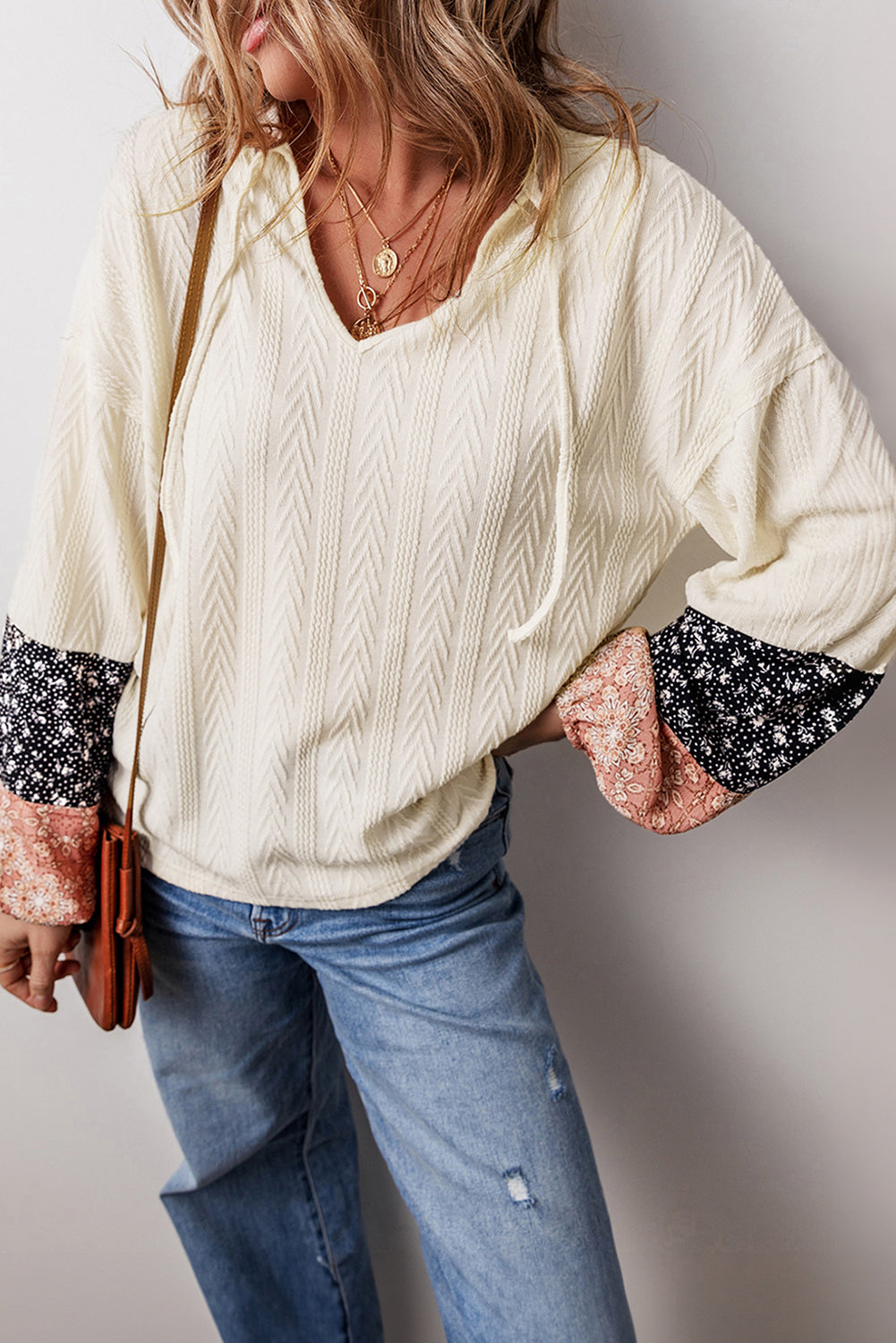 Beige Floral Patchwork Textured Knit Drawstring V Neck Blouse