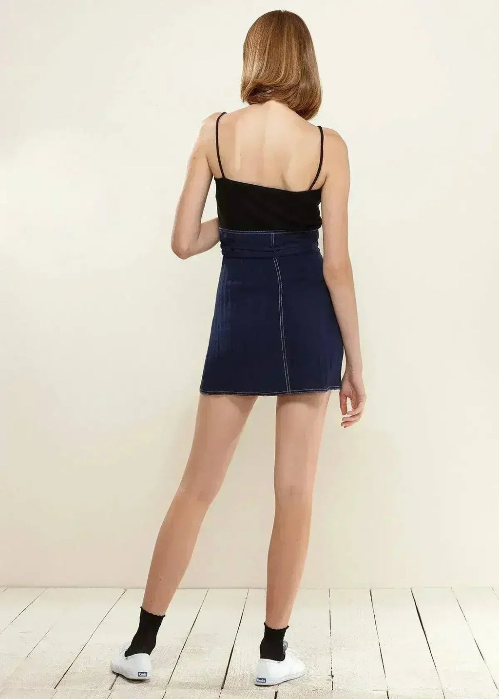 Women's Stitch Hem Double Strap High Waist Skirt in Navy