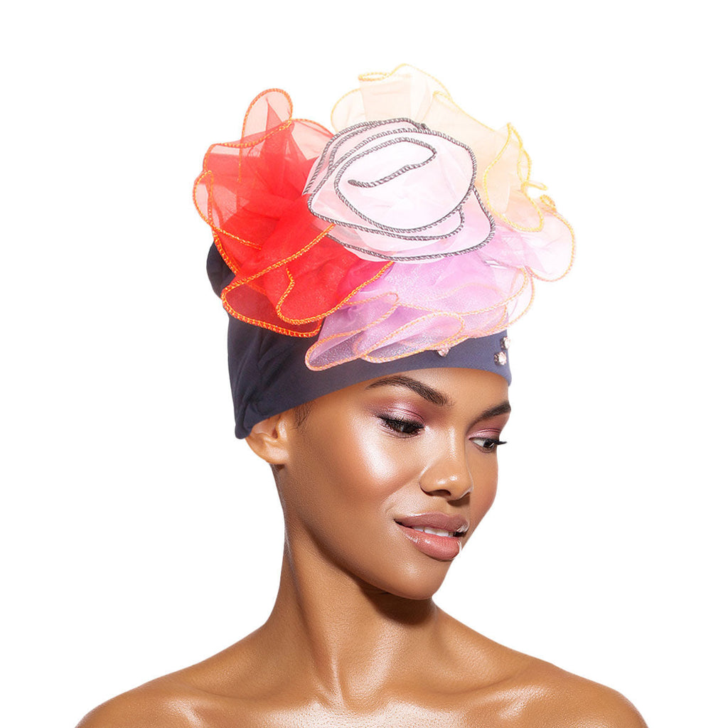 Women’s Navy Pleated Turban with Ruffle and Rhinestone Detail – Stylish Statement Accessory