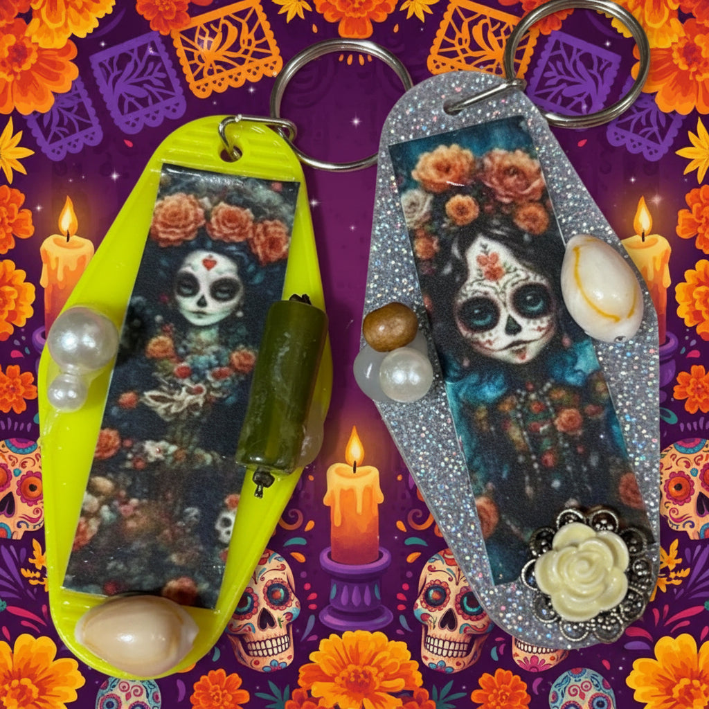 Retro Motel Key Rings – Cats & Day of the Dead Set of 2