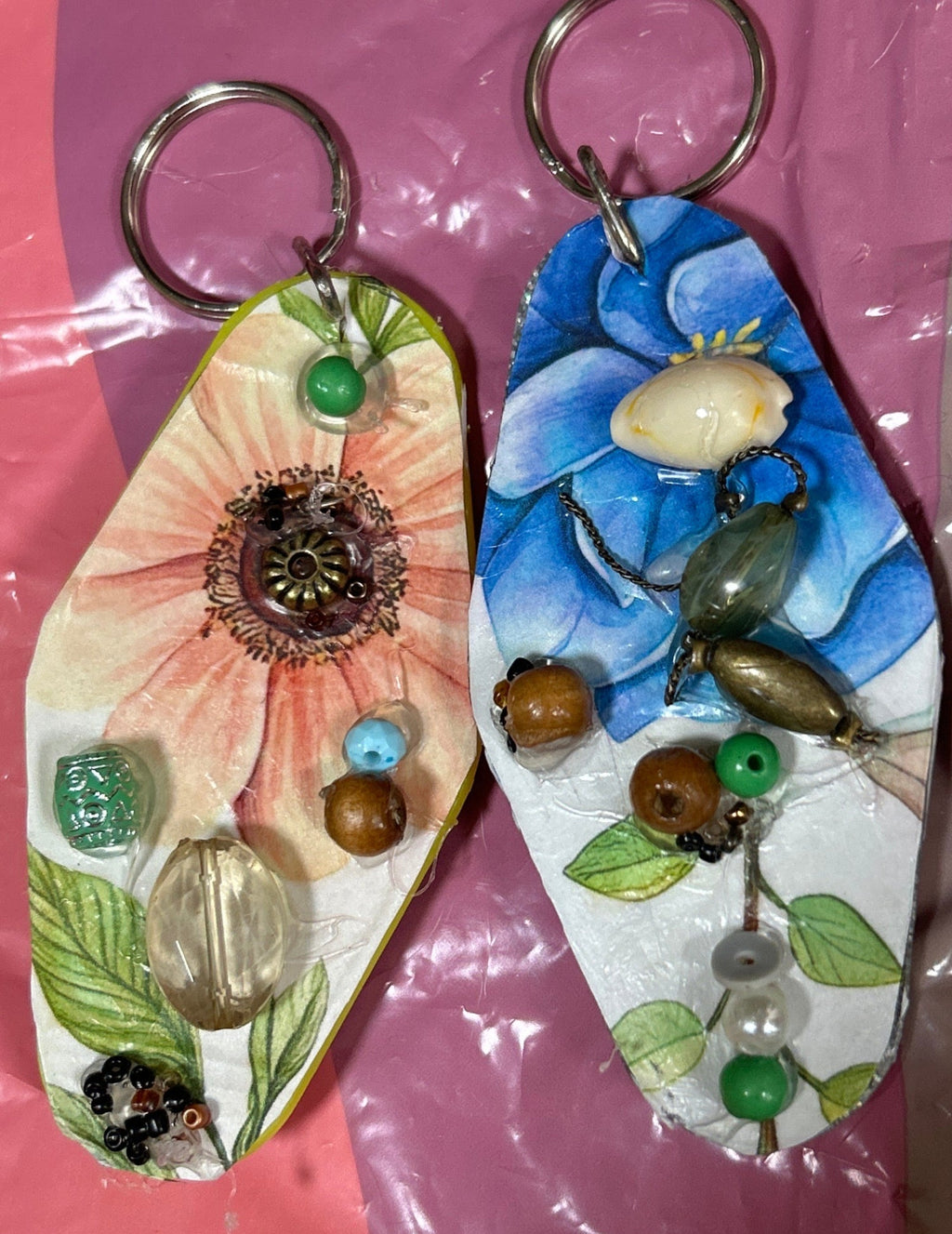 A Pair of Retro Motel Key-Rings with Beads & Decoupage