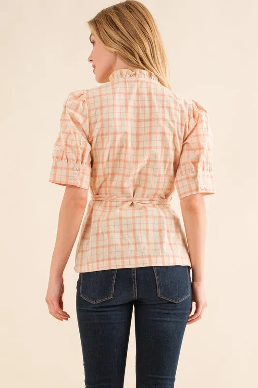 Plaid Patterned and Ruffled Wrap Blouse Top