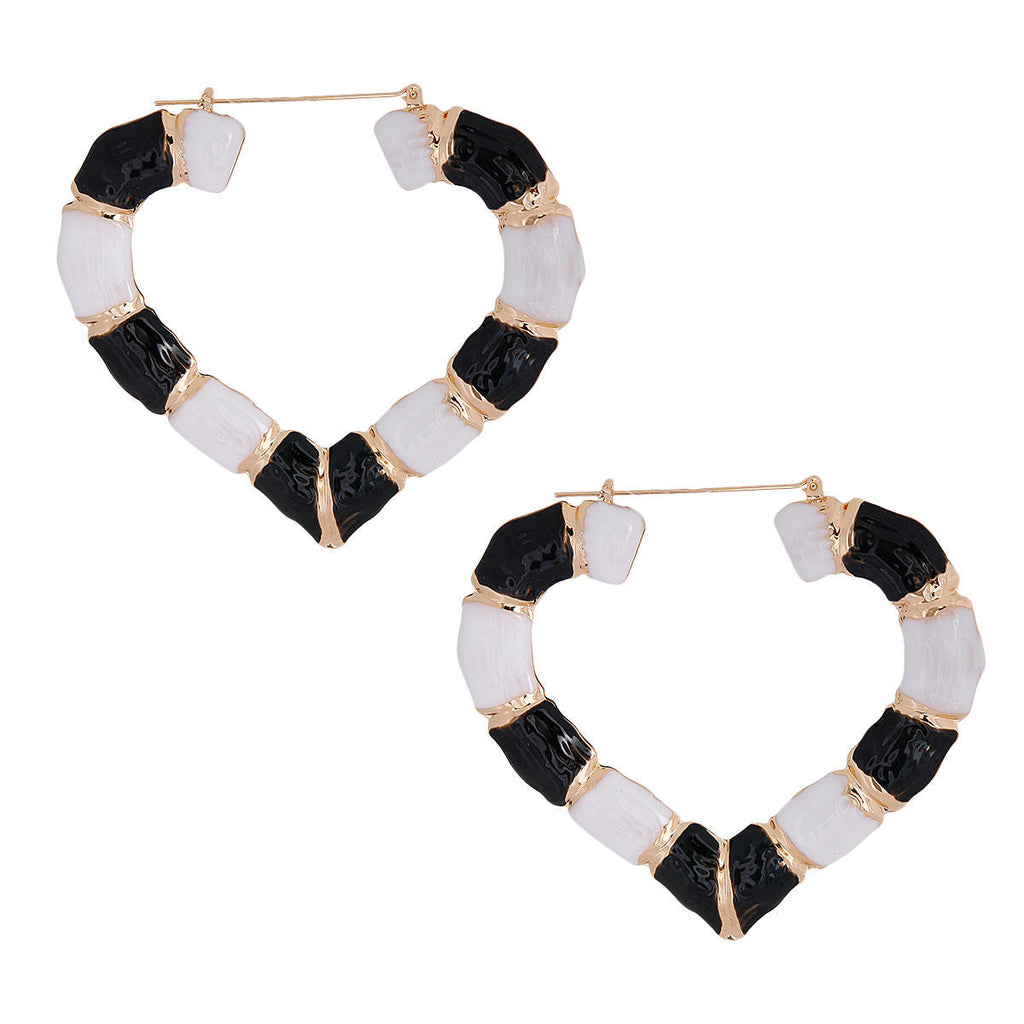 Statement Bamboo Hoop Earrings Black and White Heart Design