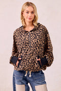 Leopard Print Waffle Half Zip Up Hoodie W Pocket