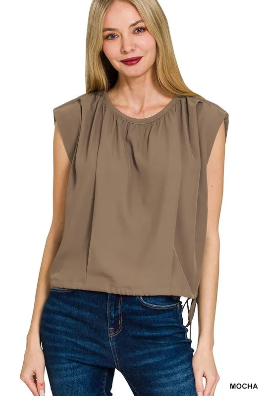 Woven Drawstring Tie Side Sleeveless Top