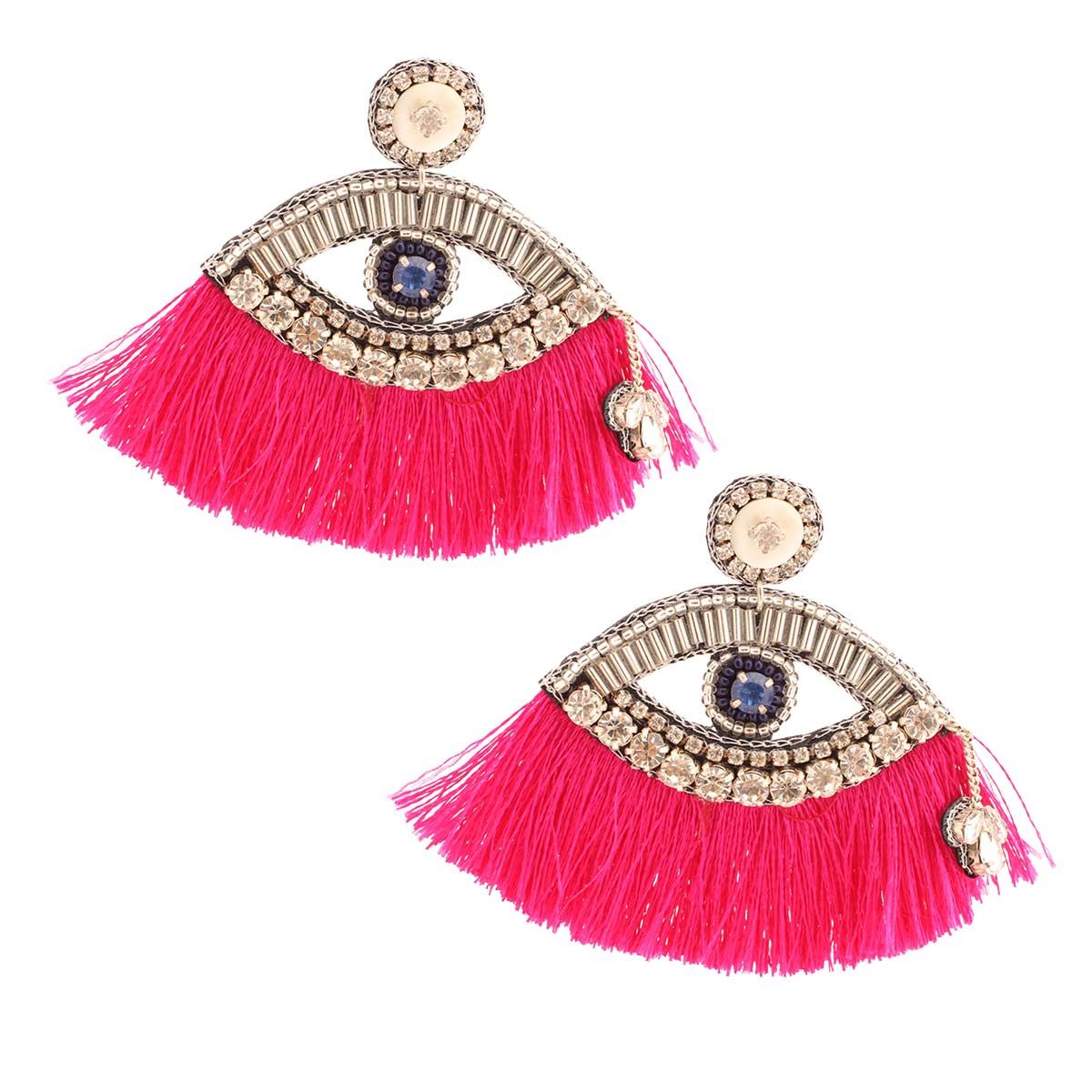 Statement Rhinestone Eye Earrings with Fuchsia Tassels, Trendy Fashion Jewelry