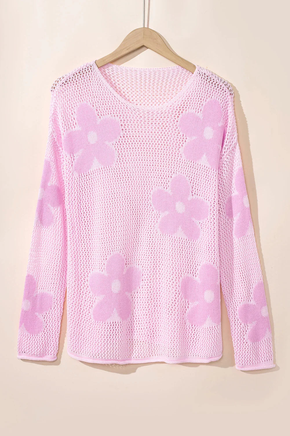 60s Flower Drop Shoulder Hollow Knit Top Light Grey -Femstylo