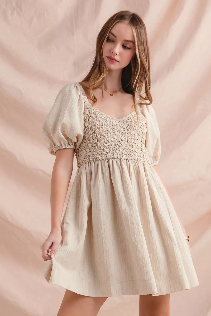 Textured Woven Daily Dress with Puff Sleeves