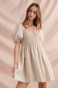 Textured Woven Daily Dress with Puff Sleeves