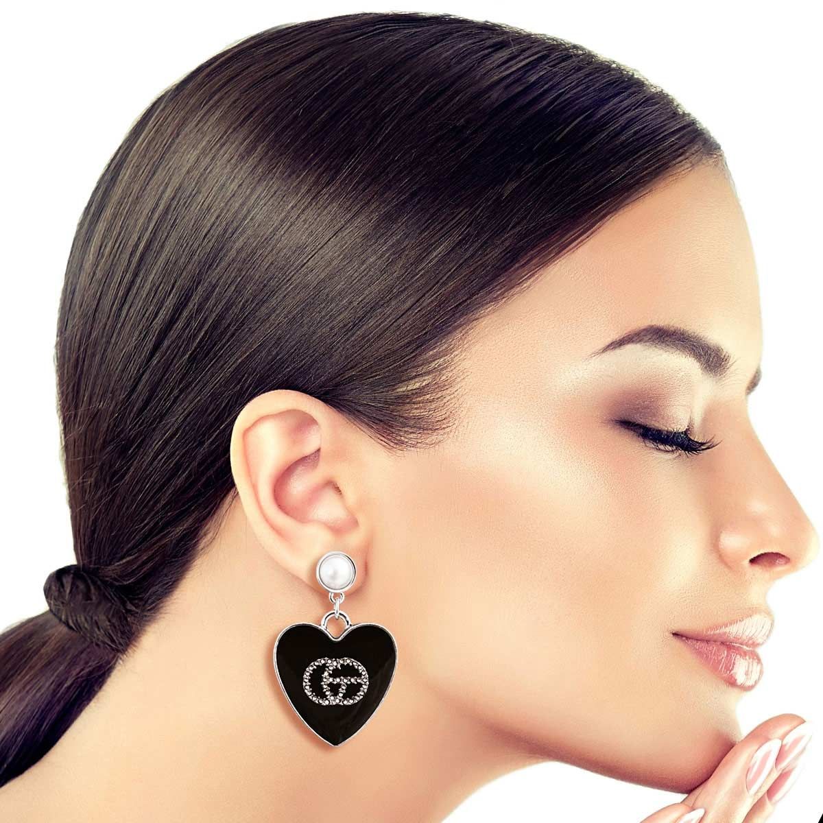 Metal Earrings Black and Silver Hearts Stylish Statement Jewelry