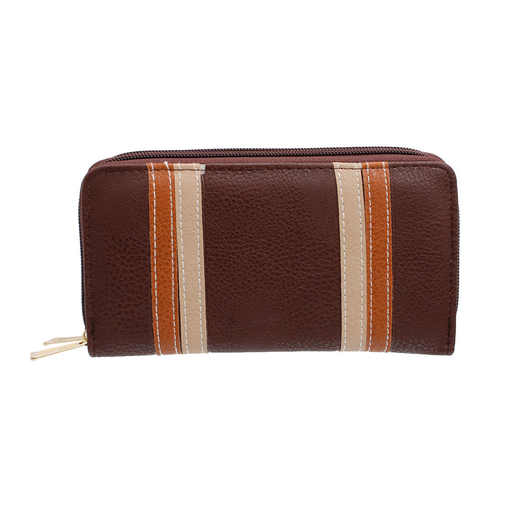 Double Zipper Dark Brown Striped Wallet Stylish Fashion Accessory