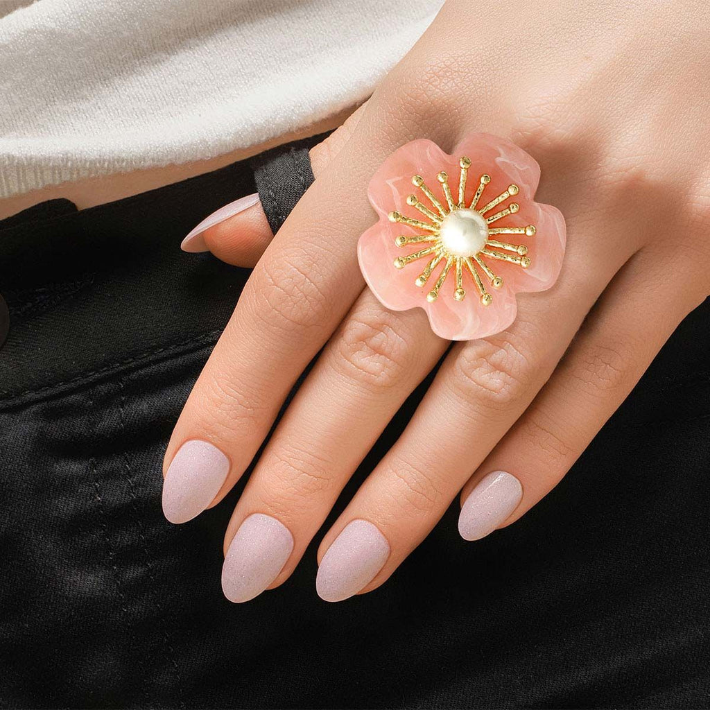 Gold Ring with Marbled Pink Flower - Stylish Statement Jewelry