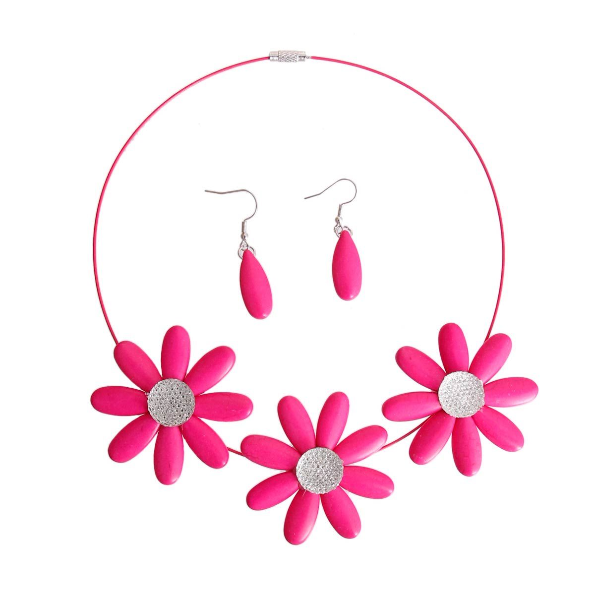 Statement Wire Collar Necklace with Fuchsia Triple Flower Design
