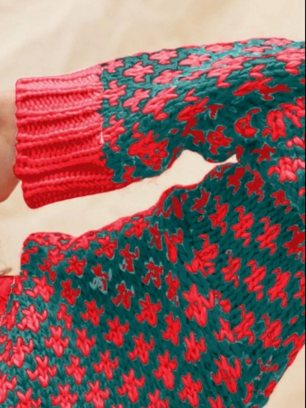 Color Block Textured Christmas Sweater V Neck Top