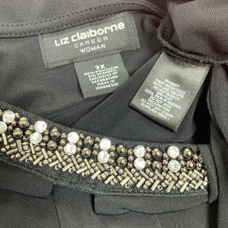 Liz Claiborne Career Womens 3X Black Beaded Key Hole Long Sleeve Blouse Top