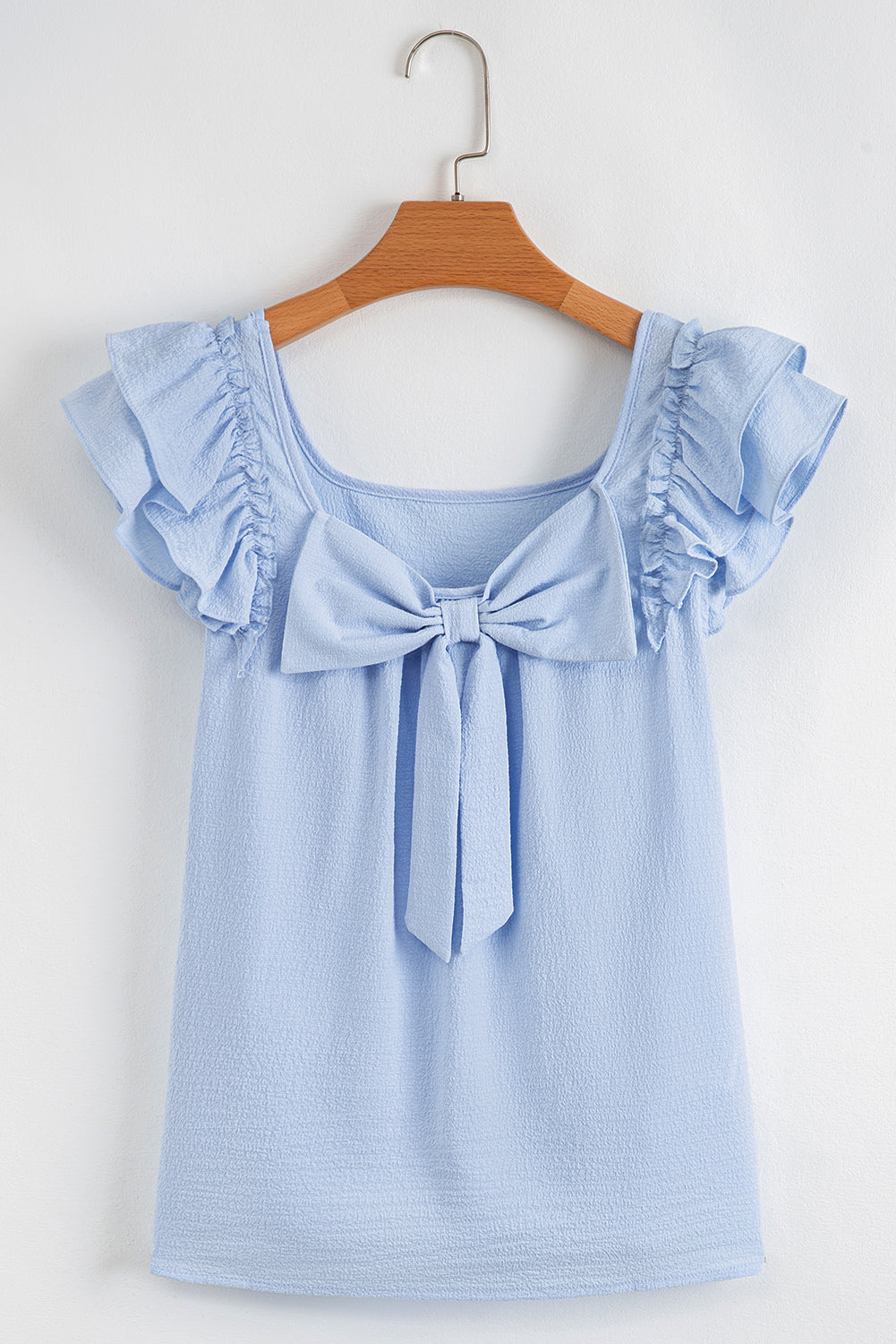 Beige Textured Bow Frilled Ruffle Sleeve Blouse