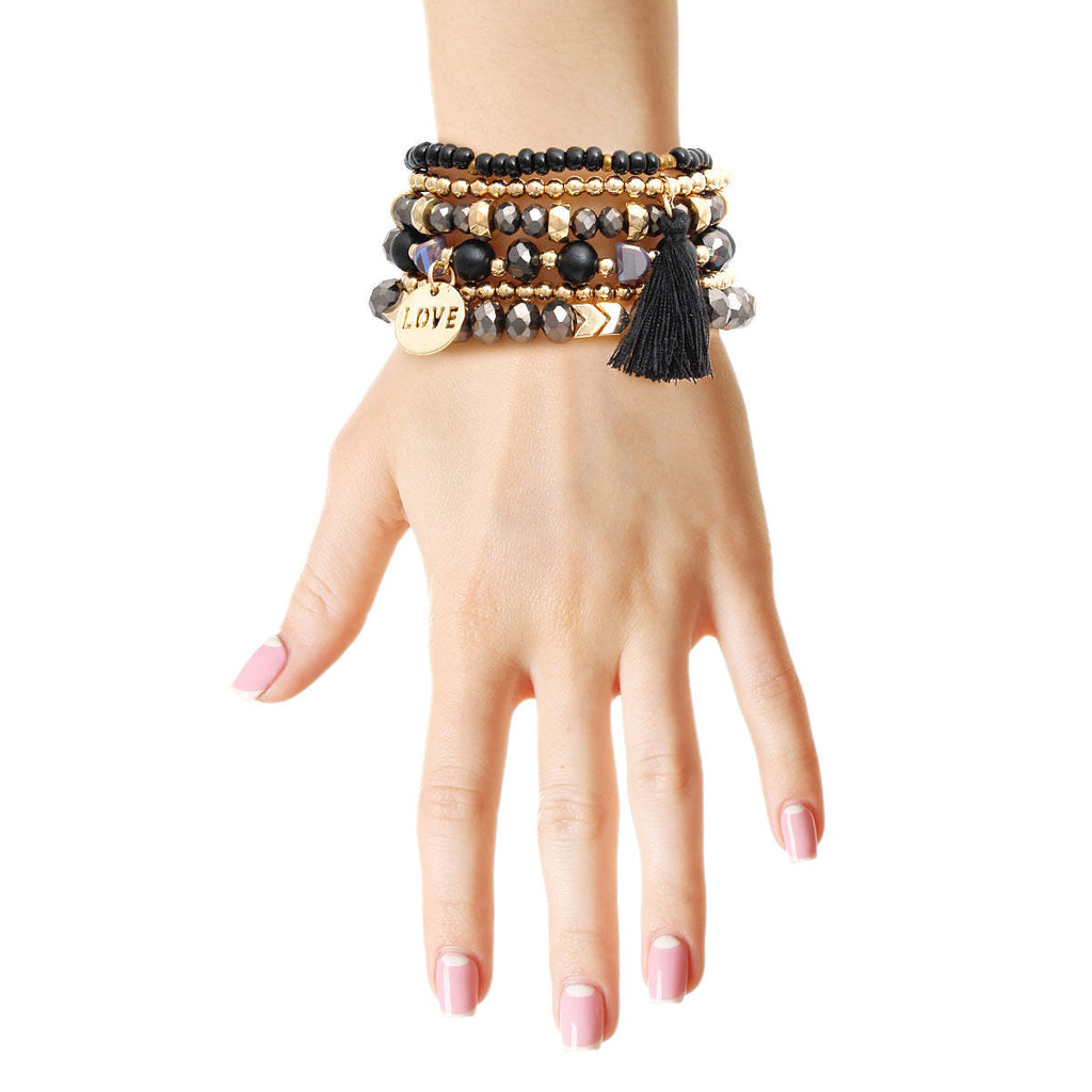 Bracelet Set 6 Pcs Black Glass Stylish Layered Jewelry
