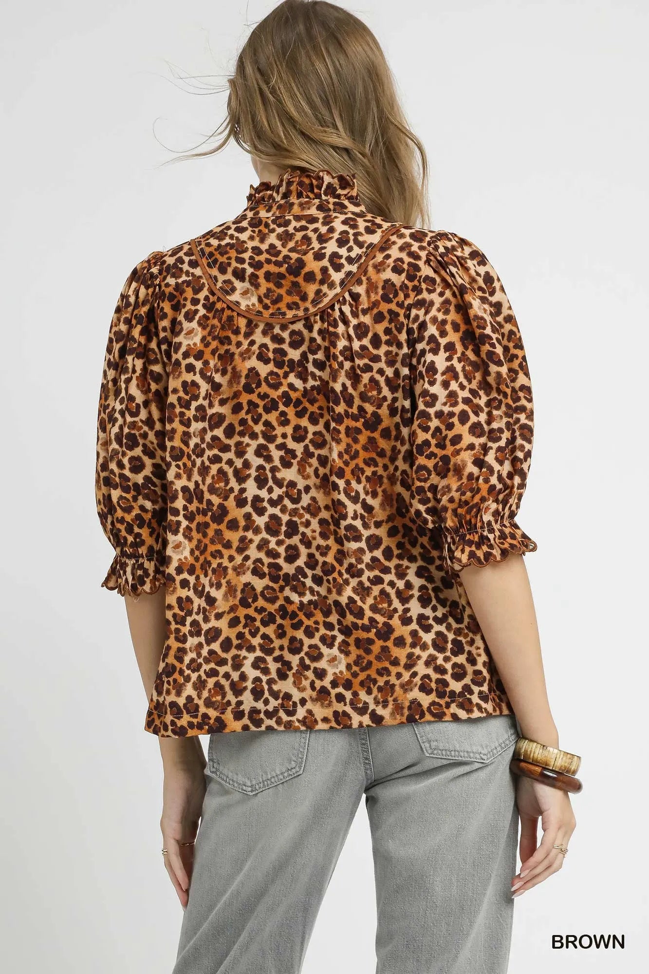 Full Size Leopard Print Ruffle Neck Blouse Plus Size