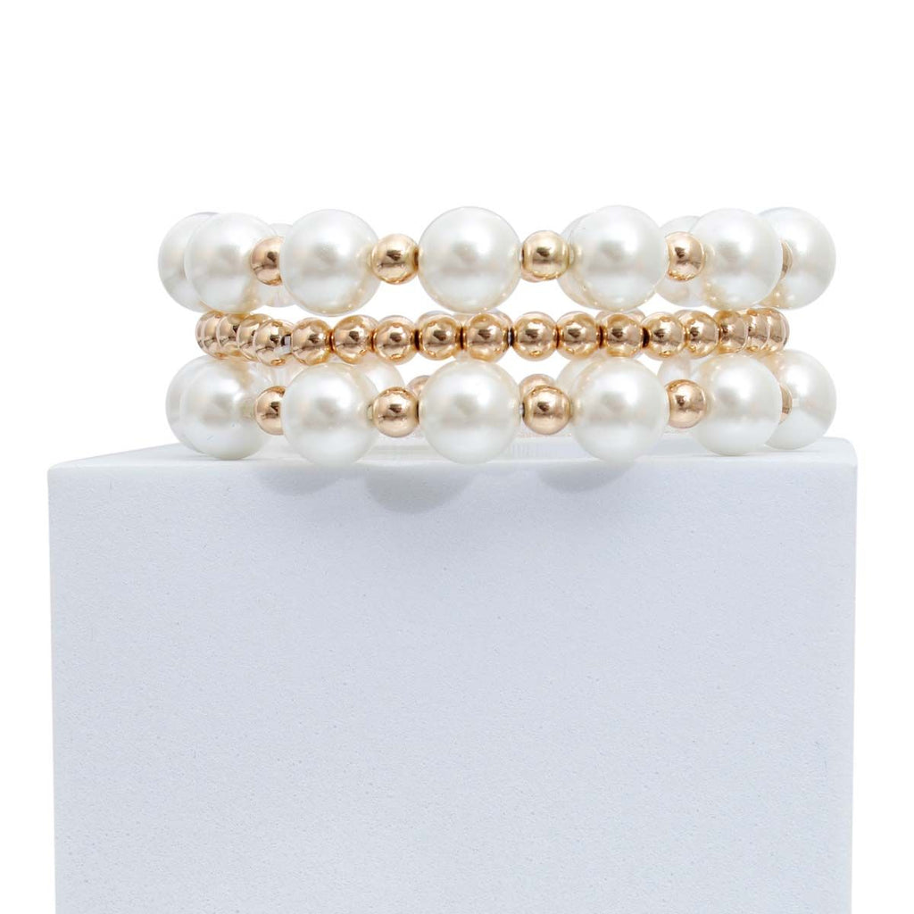 Layered 3 Strand Cream Pearl Gold Bracelet Elegant Statement Jewelry