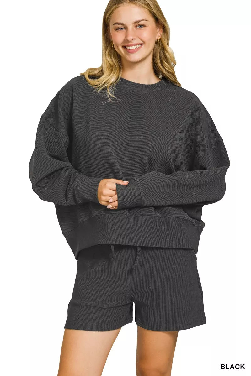 Ribbed Round Neck Pullover and Shorts Set