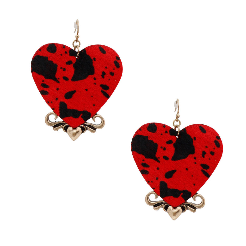 Statement Red Leather Animal Print Heart Earrings Stylish Fashion Jewelry