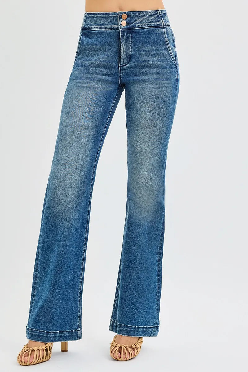 Full Size Tummy Control High Rise Bootcut Jeans with Double Button Waistband Plus Size