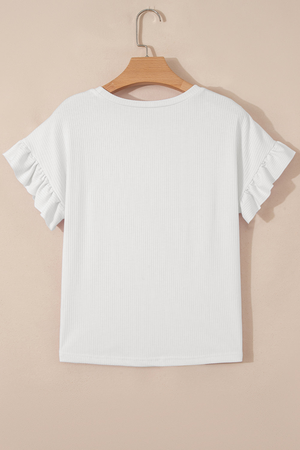 White Solid Color Ribbed Ruffled Short Sleeve T Shirt