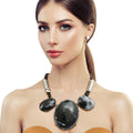 Statement Oval Marbled Black Necklace with Black Cord, Stylish Fashion Jewelry