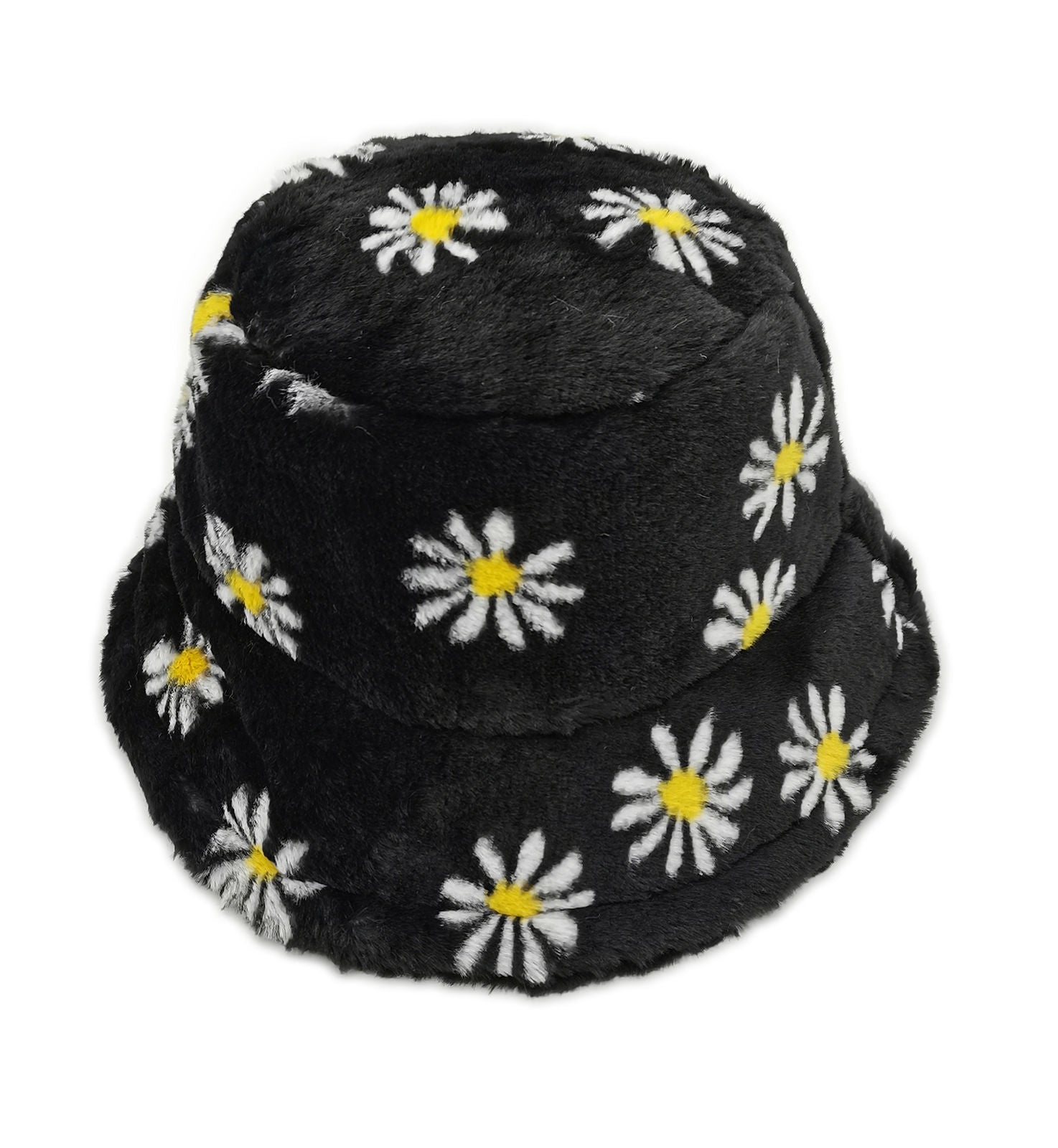 Faux Fur Bucket Hat Black Floral Stylish Casual Accessory