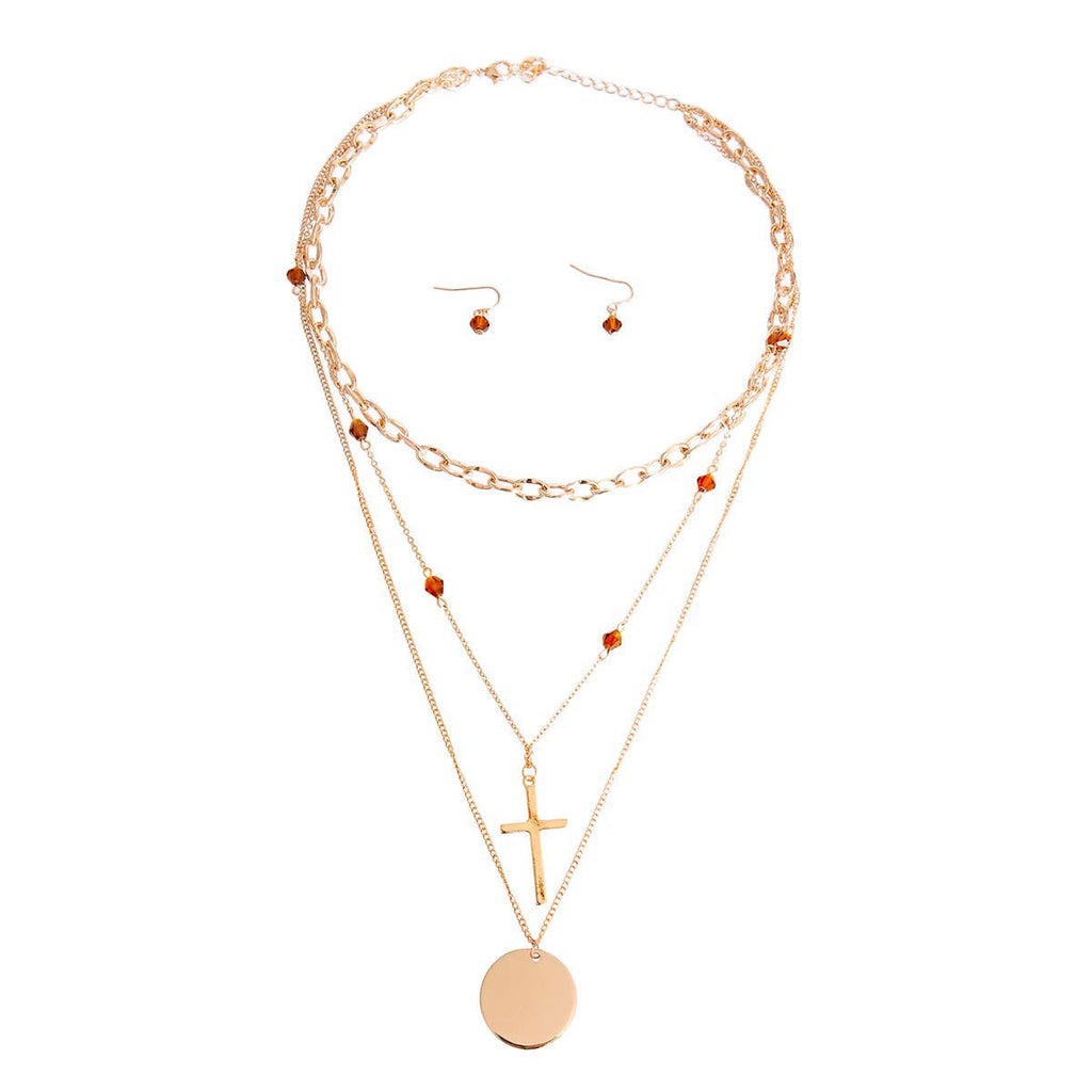 Charm Necklace with Gold Glass and Cross Pendant, Stylish Statement Jewelry