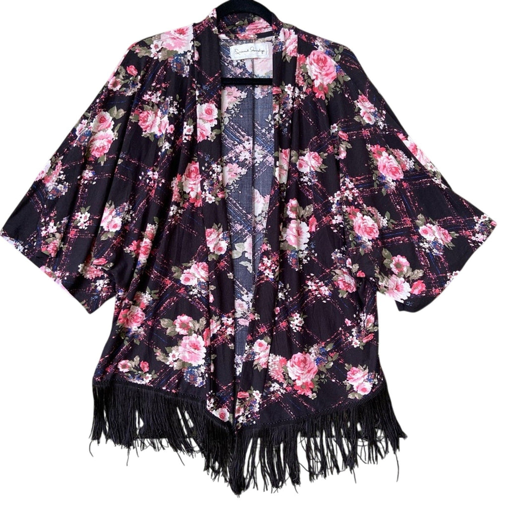 French Laundry Womens Medium Floral Fringe Short Sleeve Open Front Cardigan