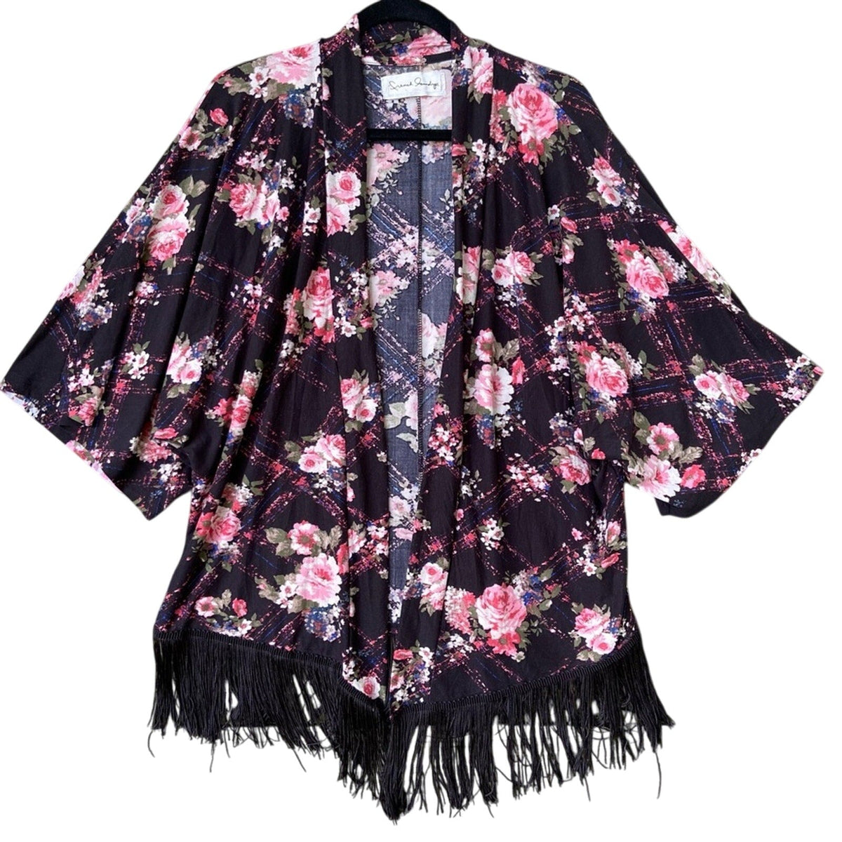 French Laundry Womens Medium Floral Fringe Short Sleeve Open Front Cardigan