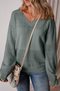 Mist Green Eyelet Pattern Detail V Neck Drop Shoulder Sweater
