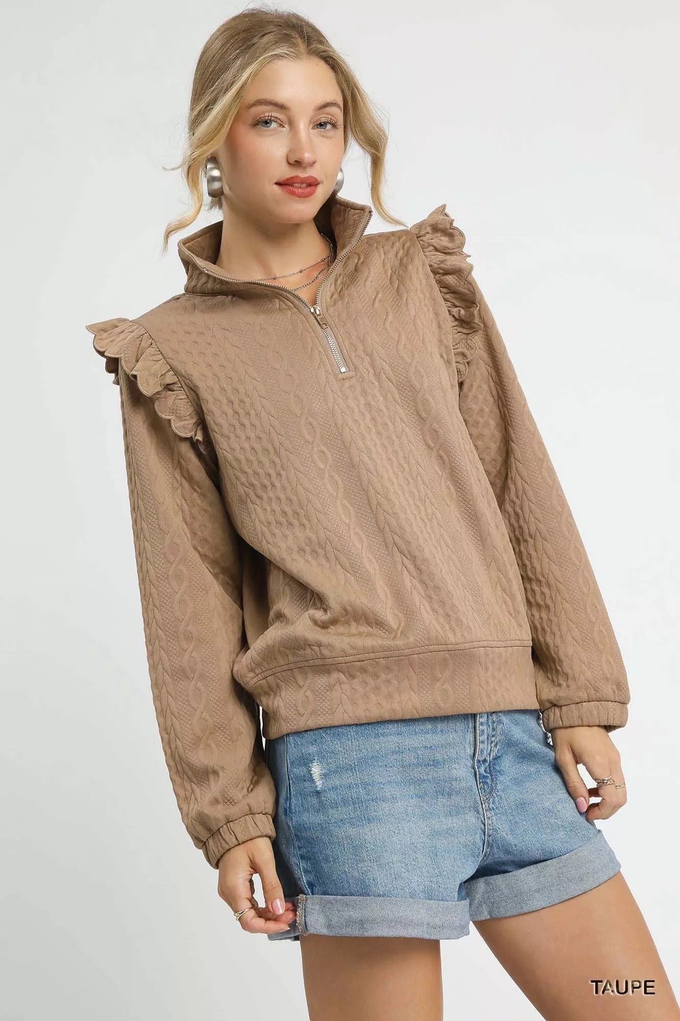 Cable Knit Textured Pullover with Ruffle Shoulders