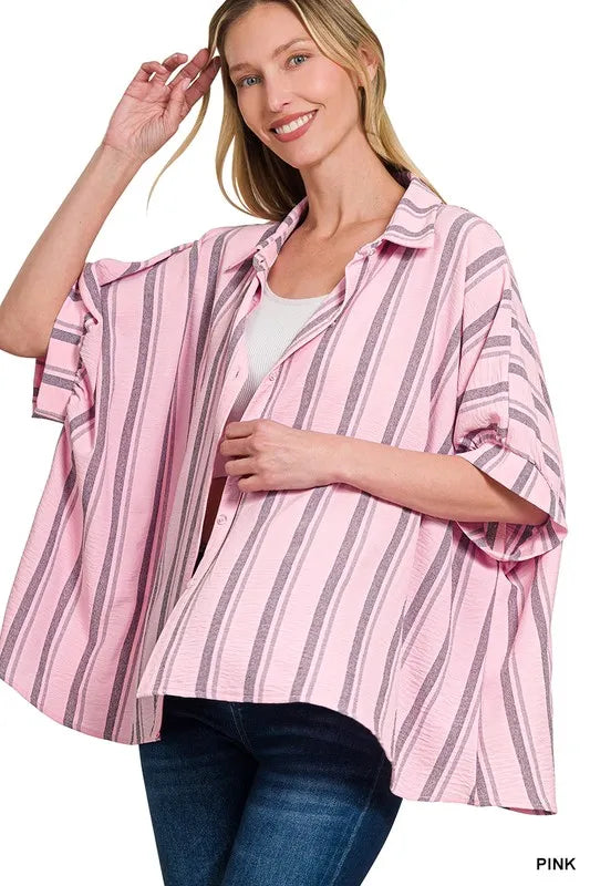 Woven Yarn-Dye Stripe Oversized Button Down Shirt