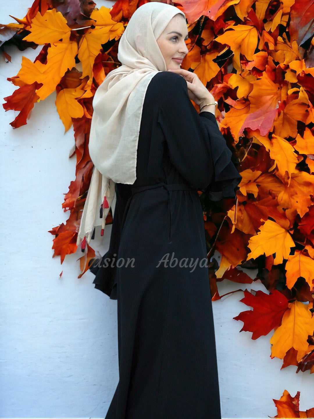 Abaya with layer Sleeve attached Belt on front