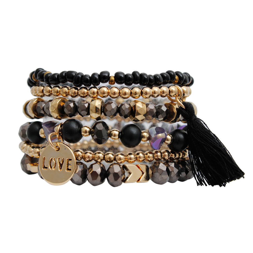 Bracelet Set 6 Pcs Black Glass Stylish Layered Jewelry
